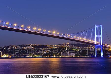 Stock Photo - "Bosphorus Bridge and Beylerbeyi Palace on the Asian shore, seen from Ortakoey, Uskudar, Istanbul, asian and european side, Turkey, Asia". Fotosearch