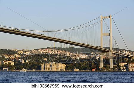 Stock Photo - "Bosphorus Bridge and Beylerbeyi Palace on the Asian shore, seen from Ortakoey, Istanbul, European side, Istanbul Province, Turkey, European side, Europe". Fotosearch