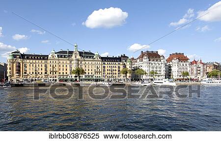 Stock Photography - "Boulevard Strandvagen, Kvarteret Bodarna, prestigious residential and commercial buildings, Hotel Esplanade and Hotel Diplomat, Ostermalm, Stockholm, Stockholm County or Stockholms lan, Sweden, Europe". Fotosearch