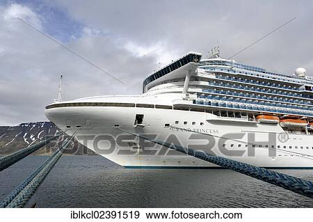 Stock Photo - "Bow of the cruise ship, Grand Princess, moored in the port of Longyearbyen, Spitsbergen, Svalbard, Norway, Europe". Fotosearch