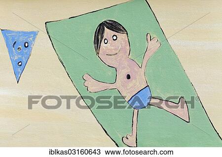 "Boy lying on a beach towel, children's drawing, Zoutelande, Zeeland province, The Netherlands, Europe" View Large Photo Image Stock Image - "Boy lying on a beach towel, children's drawing, Zoutelande, Zeeland province, The Netherlands, Europe". Fotosearch