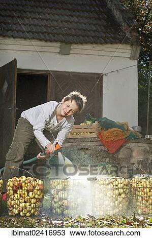 Stock Image - Boy washing apples for making juice. Fotosearch