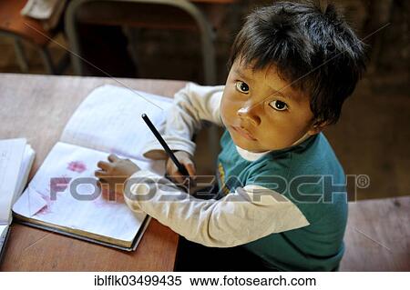 Stock Photography - "Boy with a book in a classroom, in the community of Mbya-Guarani Indians, Campito, Caaguazu Department, Paraguay, South America". Fotosearch