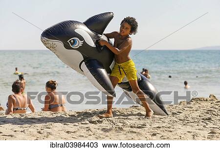 Stock Image - "Boy with an inflatable water toy on the beach, Ghisonaccia, Corsica, France, Europe". Fotosearch
