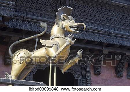Stock Photo - "Brass statue of a deity in front of a temple, Kathmandu Valley, Kathmandu, Kathmandu District, Bagmati Zone, Nepal, Asia". Fotosearch