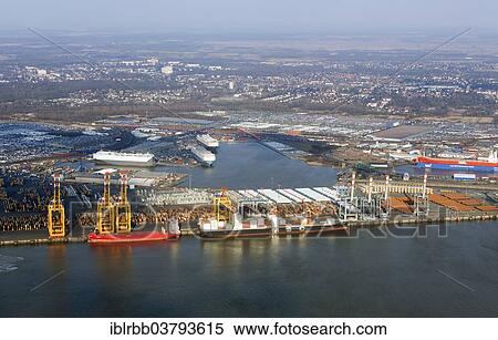 "Bremen City Seaport area, north port, port facilities, Weser River, container terminal, loading cars, Bremerhaven, Bremen, Germany, Europe" View Large Photo Image Stock Photography - "Bremen City Seaport area, north port, port facilities, Weser River, container terminal, loading cars, Bremerhaven, Bremen, Germany, Europe". Fotosearch