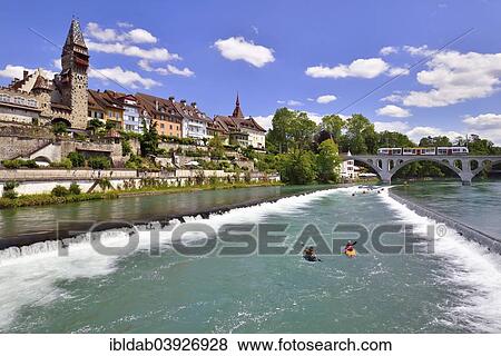 "Bremgarten with canoeists on the Reuss River, Reussbrucke bridge with railway, Bremgarten, Canton of Aargau, Switzerland, Europe" View Large Photo Image Stock Photo - "Bremgarten with canoeists on the Reuss River, Reussbrucke bridge with railway, Bremgarten, Canton of Aargau, Switzerland, Europe". Fotosearch