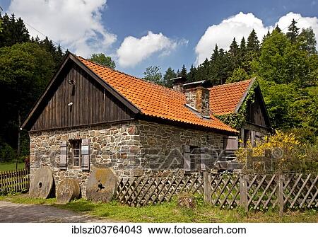 Stock Image - "Brenscheider Oelmuehle, oil mill, acultural monument, Nachrodt-Wiblingwerde, North Rhine-Westphalia, Germany, Europe". Fotosearch