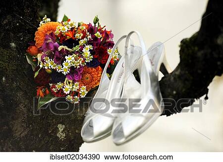 Bridal bouquet and silver wedding shoes hanging from a tree View Large Photo Image Stock Image - Bridal bouquet and silver wedding shoes hanging from a tree. Fotosearch