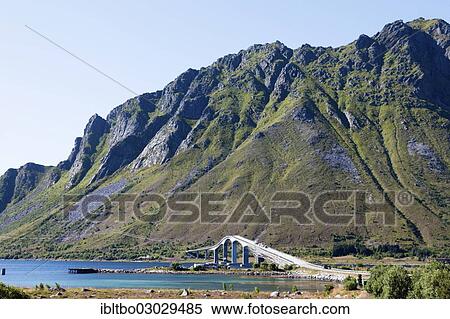 Stock Photography - "Bridge over a Norwegian fjord, Vestvagoy, Lofoten, Nordland, Norway, Europe". Fotosearch