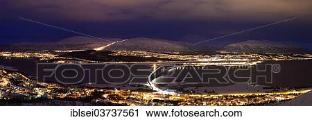 Stock Image - "Bridge over fjord at night, Sommeroya, Tromso, â€ªTroms, Northern Norway, Norway, Europe". Fotosearch