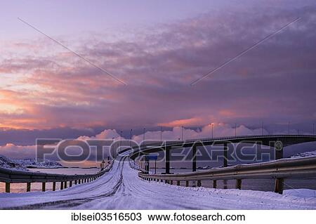 "Bridge with snow-covered road in the evening light, Sommeroya, Tromso, ‪Troms, Northern Norway, Norway, Europe" View Large Photo Image Stock Image - "Bridge with snow-covered road in the evening light, Sommeroya, Tromso, ‪Troms, Northern Norway, Norway, Europe". Fotosearch