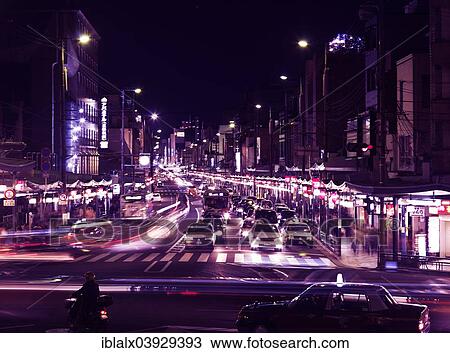 Brightly Lit Shijo Dori Street At Night Gion Kyoto Japan Asia Stock Image Iblalx Fotosearch