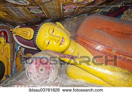 "Brightly painted reclining Buddha figure, Sayana Mudra, Aluvihara Rock Cave Temple, Matale, Central Province, Sri Lanka, Asia" View Large Photo Image Stock Photograph - "Brightly painted reclining Buddha figure, Sayana Mudra, Aluvihara Rock Cave Temple, Matale, Central Province, Sri Lanka, Asia". Fotosearch