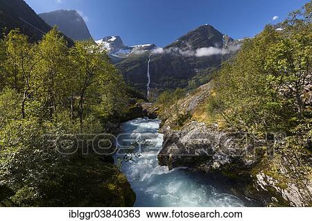 "Briksdalselva River with a view towards the Volefossen Waterfall, Briksdal valley, Stryn, Sogn og Fjordane, Norway, Europe" View Large Photo Image Stock Image - "Briksdalselva River with a view towards the Volefossen Waterfall, Briksdal valley, Stryn, Sogn og Fjordane, Norway, Europe". Fotosearch