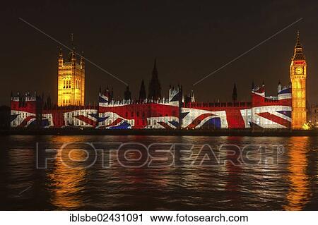 Stock Image - "British Flag Union Jack, projection on the facade, Houses of Parliament, Big Ben, Olympic Games 2012, Unesco World Heritage Site, London, England, United Kingdom, Europe". Fotosearch