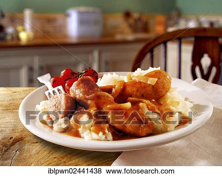 "British food, Cumberland sausages, onion gravy and mashed potatoes" View Large Photo Image Stock Photo - "British food, Cumberland sausages, onion gravy and mashed potatoes". Fotosearch
