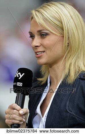 Picture - "Britta Hofmann, Sky presenter, portrait, holding microphone, Mercedes-Benz Arena, Stuttgart, Baden-Wuerttemberg, Germany, Europe". Fotosearch