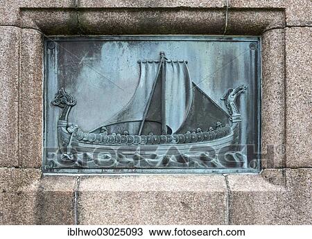 Stock Image - "Bronze relief, Viking ship, Haraldshaugen Monument, detail, Haugesund/Sudwest-Norwegen, Nordseekuste, Rogaland, Western Norway, Norway, Europe". Fotosearch