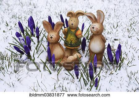 "Brown ceramic Easter Bunnies, blue crocuses, snow" View Large Photo Image Stock Photo - "Brown ceramic Easter Bunnies, blue crocuses, snow". Fotosearch