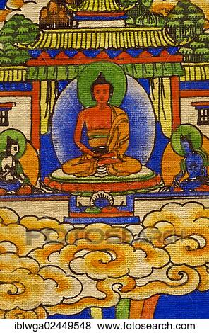 "Buddha sitting on a lotus throne, representation on a thangka, a scroll painting of Tantric Buddhism, meditation, mandala" View Large Photo Image Stock Photo - "Buddha sitting on a lotus throne, representation on a thangka, a scroll painting of Tantric Buddhism, meditation, mandala". Fotosearch