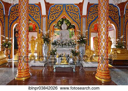 Stock Photograph - "Buddhist altar and ornate columns, Wat Chalong temple, Phuket, Thailand, Asia". Fotosearch