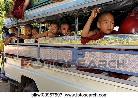 "Buddhist child monks taking the school bus, Bagan, Mandalay Division, Myanmar, Asia" View Large Photo Image Stock Photo - "Buddhist child monks taking the school bus, Bagan, Mandalay Division, Myanmar, Asia". Fotosearch