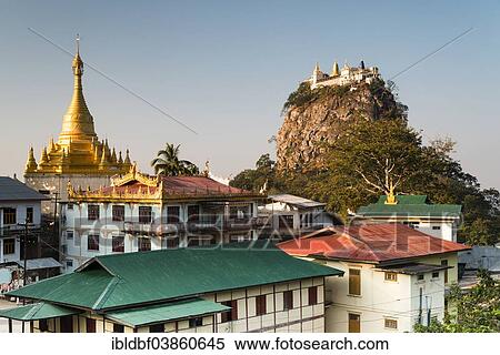 "Buddhist monastery, gilded Tuyin Taung Pagoda on the Taung Kalat volcanic cone, Mount Popa, Mandalay Region, Myanmar, Asia" View Large Photo Image Stock Photography - "Buddhist monastery, gilded Tuyin Taung Pagoda on the Taung Kalat volcanic cone, Mount Popa, Mandalay Region, Myanmar, Asia". Fotosearch