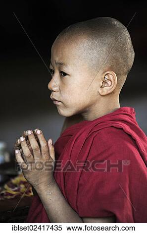Buddhist novice praying in a monastery, Myanmar, Burma, Southeast Asia, Asia View Large Photo Image Stock Photography - Buddhist novice praying in a monastery, Myanmar, Burma, Southeast Asia, Asia. Fotosearch