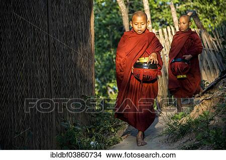 "Buddhist novices with begging bowls at their morning begging tour, Mount Popa, in Bagan, Mandalay Division, Myanmar, Asia" View Large Photo Image Picture - "Buddhist novices with begging bowls at their morning begging tour, Mount Popa, in Bagan, Mandalay Division, Myanmar, Asia". Fotosearch