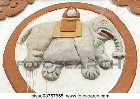 Stock Photography - "Buddhist Stupa, detail, lucky symbol of an elephant, Sungda Chorten in Charang, Upper Mustang, Nepal, Asia". Fotosearch