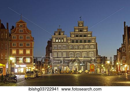 Stock Image - "Building of the Chamber of Industry and Commerce, Am Sande square, in the evening, historic center, Luneburg, Lower Saxony, Germany, Europe". Fotosearch