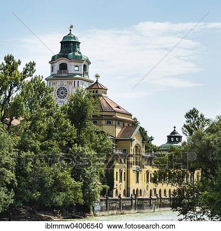 Stock Image - "Building of the Mullersches Volksbad indoor pool with Isar river, Munich, Upper Bavaria, Bavaria, Germany, Europe". Fotosearch