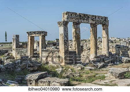 Stock Image - "Buildings in Hierapolis, ancient Greek city, UNESCO World Heritage site, near Pamukkale, Phrygia, Denizli Province, Turkey, Asia". Fotosearch