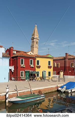 Burano canal with Leaning Tower of Church of San Martino, Fondamenta della Pescheria, Venice, Veneto, Italy, Europe View Large Photo Image Picture - Burano canal with Leaning Tower of Church of San Martino, Fondamenta della Pescheria, Venice, Veneto, Italy, Europe. Fotosearch