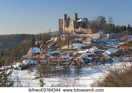 "Burg Hanstein castle ruins at Eichsfeld, in the evening light, winter, village of Rimbach at front, Bornhagen, Thuringia, Germany, Europe" View Large Photo Image Picture - "Burg Hanstein castle ruins at Eichsfeld, in the evening light, winter, village of Rimbach at front, Bornhagen, Thuringia, Germany, Europe". Fotosearch