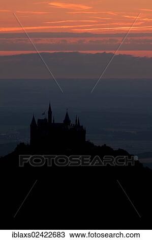 Stock Image - Burg Hohenzollern Castle at sunset, Swabian Alb, Zollernalbkreis district, Baden-Wuerttemberg, Germany, Europe, PublicGround, Europe. Fotosearch