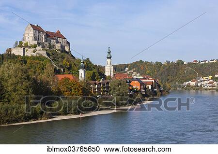 Stock Image - "Burg zu Burghausen Castle, with the Salzach River at the front, Burghausen, Upper Bavaria, Bavaria, Germany, Europe". Fotosearch