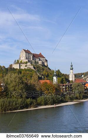 Stock Photo - "Burg zu Burghausen Castle, with the Salzach River at the front, Burghausen, Upper Bavaria, Bavaria, Germany, Europe". Fotosearch