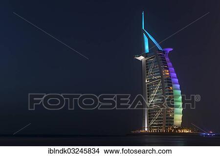"Burj al Arab Hotel at night, Dubai, Emirate of Dubai, United Arab Emirates, Asia" View Large Photo Image Picture - "Burj al Arab Hotel at night, Dubai, Emirate of Dubai, United Arab Emirates, Asia". Fotosearch