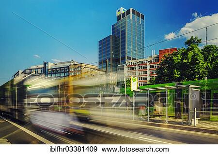 Stock Photo - "Busy street during the evening rush hour, Dusseldorf, Rhineland, North Rhine-Westphalia, Germany, Europe". Fotosearch