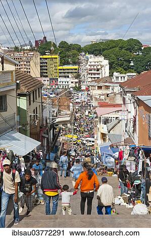 Stock Image - "Busy street in the old town, stairs, pedestrian zone, Antananarivo, Analamanga region, Madagascar, Africa". Fotosearch