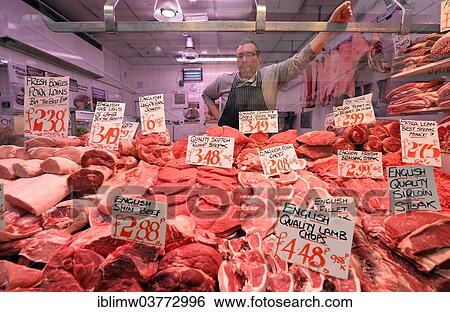 "Butcher behind his display, Leeds Kirkgate Market, Leeds, West Yorkshire, England, United Kingdom, Europe" View Large Photo Image Stock Photograph - "Butcher behind his display, Leeds Kirkgate Market, Leeds, West Yorkshire, England, United Kingdom, Europe". Fotosearch