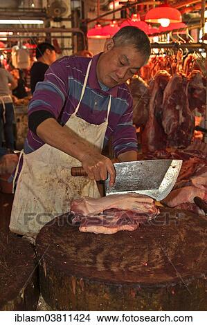 "Butcher cutting pork belly with a large Chinese knife, Red Market, Macau, China, Asia" View Large Photo Image Picture - "Butcher cutting pork belly with a large Chinese knife, Red Market, Macau, China, Asia". Fotosearch