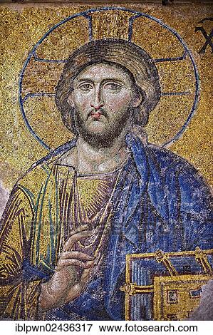 Stock Photo - "Byzantine Deesis, Entreaty, mosaic, 1261, detail of Christ Pantocrator for humanity on Judgment Day, Hagia Sophia, Istanbul, Turkey, Asia". Fotosearch