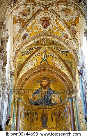 Stock Image - "Byzantine mosaic of Christ Pantocrator, Mary and the Apostles in the Duomo of Cefalu, Sicily, Italy, Europe". Fotosearch