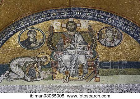 Stock Photography - "Byzantine mosaic of Jesus on a throne with the kneeling Emperor Leo VI in the narthex, Hagia Sophia, Sultanahmet, Istanbul, European side, Istanbul Province, Turkey, European side, Europe". Fotosearch