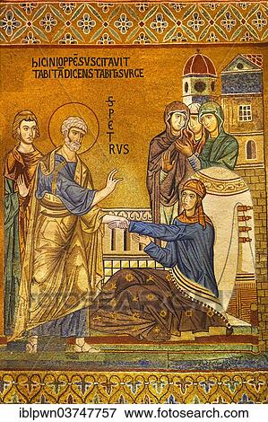 "Byzantine mosaic of Tabitha being raised from the dead by Saint Peter, at the Palatine Chapel or Cappella Palatina, Palazzo Reale, Palermo, Sicily, Italy, Europe" View Large Photo Image Stock Photo - "Byzantine mosaic of Tabitha being raised from the dead by Saint Peter, at the Palatine Chapel or Cappella Palatina, Palazzo Reale, Palermo, Sicily, Italy, Europe". Fotosearch