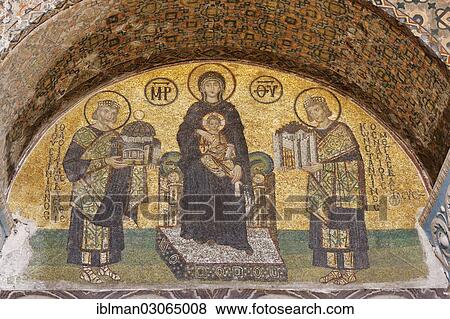 "Byzantine mosaic of the Virgin Mary between Justinian and Constantine with the symbol of Constantinople, Vestibule of the Warriors, Hagia Sophia, Sultanahmet, Istanbul, European side, Istanbul Province, Turkey, European side, Europe" View Large Photo Image Stock Photo - "Byzantine mosaic of the Virgin Mary between Justinian and Constantine with the symbol of Constantinople, Vestibule of the Warriors, Hagia Sophia, Sultanahmet, Istanbul, European side, Istanbul Province, Turkey, European side, Europe". Fotosearch