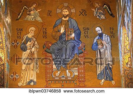 "Byzantine mosaics of Christ Pantocrator with Saint Peter and Paul above the throne stage at the Palatine Chapel or Cappella Palatina, Palazzo Reale, Palermo, Sicily, Italy, Europe" View Large Photo Image Stock Photo - "Byzantine mosaics of Christ Pantocrator with Saint Peter and Paul above the throne stage at the Palatine Chapel or Cappella Palatina, Palazzo Reale, Palermo, Sicily, Italy, Europe". Fotosearch